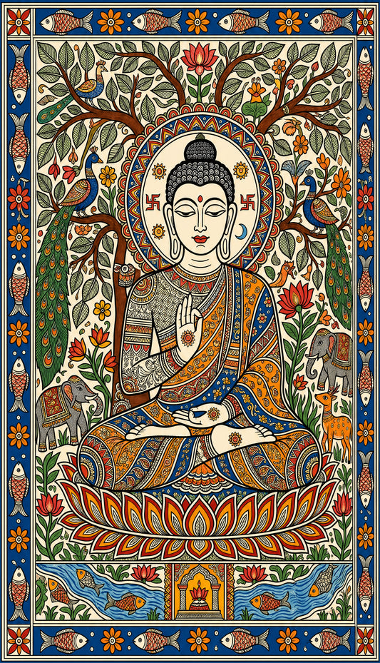A traditional Madhubani style painting depicting Lord Buddha meditating under a tree-Luxurious-Indian Culture & Folk Art-3D Textured Wall Art | UV Embossed Canvas Wall Frame for Home decor
