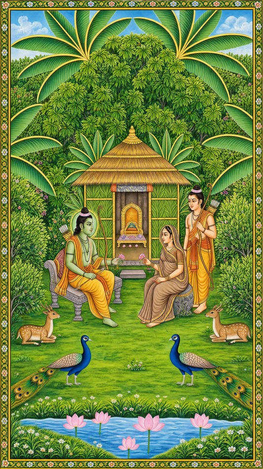 A traditional Pichwai painting depicting Lord Rama, Sita, and Lakshmana in a serene forest setting-Luxurious-Indian Culture & Folk Art-3D Textured Wall Art | UV Embossed Canvas Wall Frame for Home decor