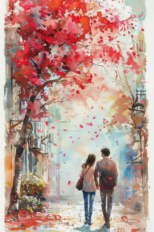 Autumn Romance A Walk in the Falling Leaves-Luxurious-Love & Togetherness-3D Textured Wall Art | UV Embossed Canvas Wall Frame for bed room
