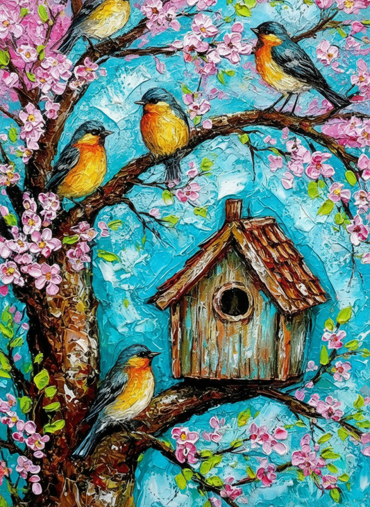 Birdhouse in the Cherry Tree-Luxurious-Wildlife & Animals-3D Textured Wall Art | UV Embossed Canvas Wall Frame for Home decor