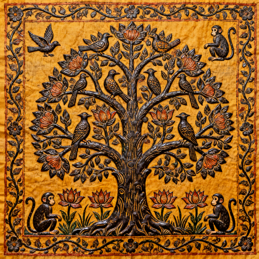 handcarved-kalamkari-Luxurious-Indian Culture & Folk Art 3D Textured Wall Art | UV Printed Embossed Canvas Wall Frame for Home Decor,living Room