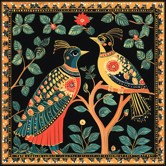 colorful-birds-traditional-folk-art-Luxurious-Indian Culture & Folk Art 3D Textured Wall Art | UV Printed Embossed Canvas Wall Frame for Home Decor,living Room