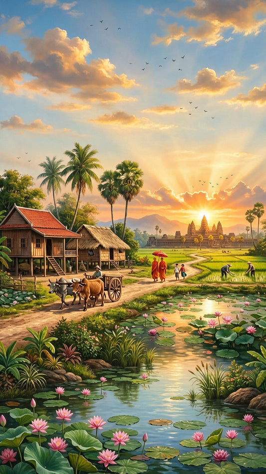 Golden Sunrise Temple Village Luxurious-Nature & Landscapes -3D Textured Wall Art | UV Embossed Canvas Wall Frame for Home decor