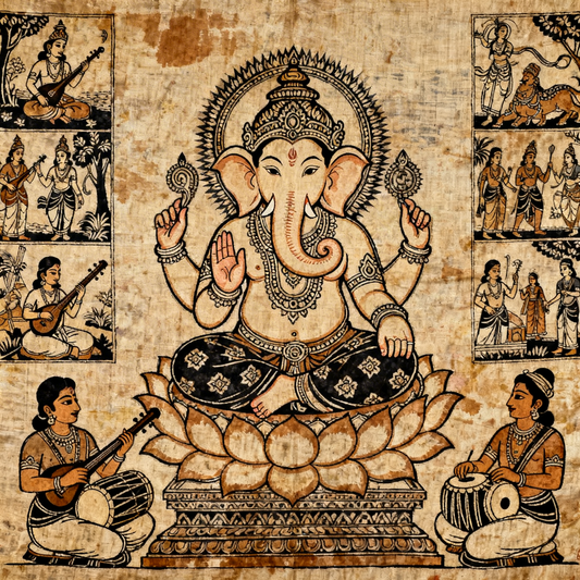 srikalahasti-kalamkari-ganesha-Luxurious-Indian Culture & Folk Art 3D Textured Wall Art | UV Printed Embossed Canvas Wall Frame for Home Decor,living Room