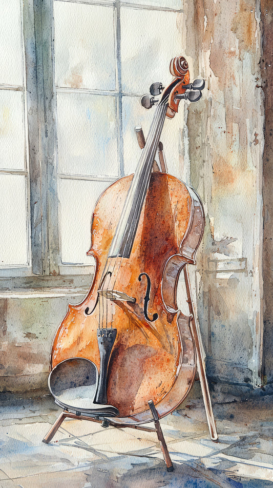 vintage guitar -wooden-cello-against-sunlit-window-rustic-setting-Luxurious-Lifestyle & Hobbies-3D Textured Wall Art | UV Embossed Canvas Wall Frame for Kids room and Sports area