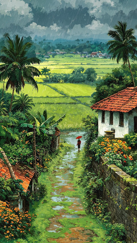 Lush Green Rice Fields & Red Umbrella Luxurious-Nature & Landscapes -3D Textured Wall Art | UV Embossed Canvas Wall Frame for Home decor