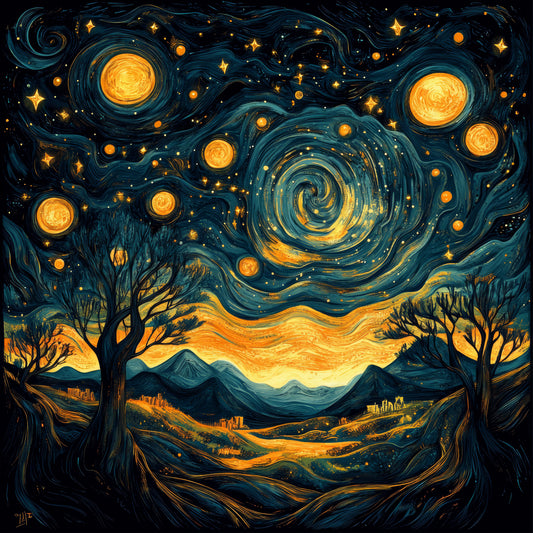 night-sky-with-trees-stars-abstract-Premium-Cosmic & Fantasy-3D Textured Wall Art | UV Embossed Canvas Wall Frame for Kids room and Restaurant