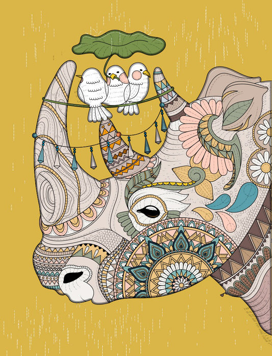 lovely-rhino-with-birds-Luxurious-Indian Culture & Folk Art 3D Textured Wall Art | UV Printed Embossed Canvas Wall Frame for Home Decor,living Room