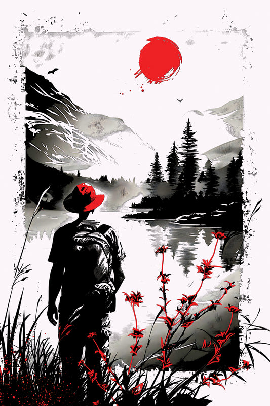 woman-stands-front-lake-with-red-flower-Luxurious-Nature and landscape | 3D Textured Wall Art | UV Printed Embossed Canvas Wall Frame for Home Decor,Living Room