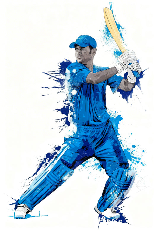 MS Dhoni Digital Mixed Media-Luxurious-Lifestyle & Hobbies-3D Textured Wall Art | UV Embossed Canvas Wall Frame for Kids room and Sports area