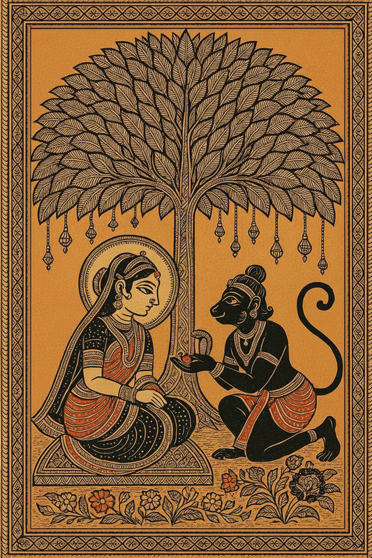 Madhubani sitamata and hanumanji-Luxurious-Indian Culture & Folk Art 3D Textured Wall Art | UV Printed Embossed Canvas Wall Frame for Home Decor,living Room