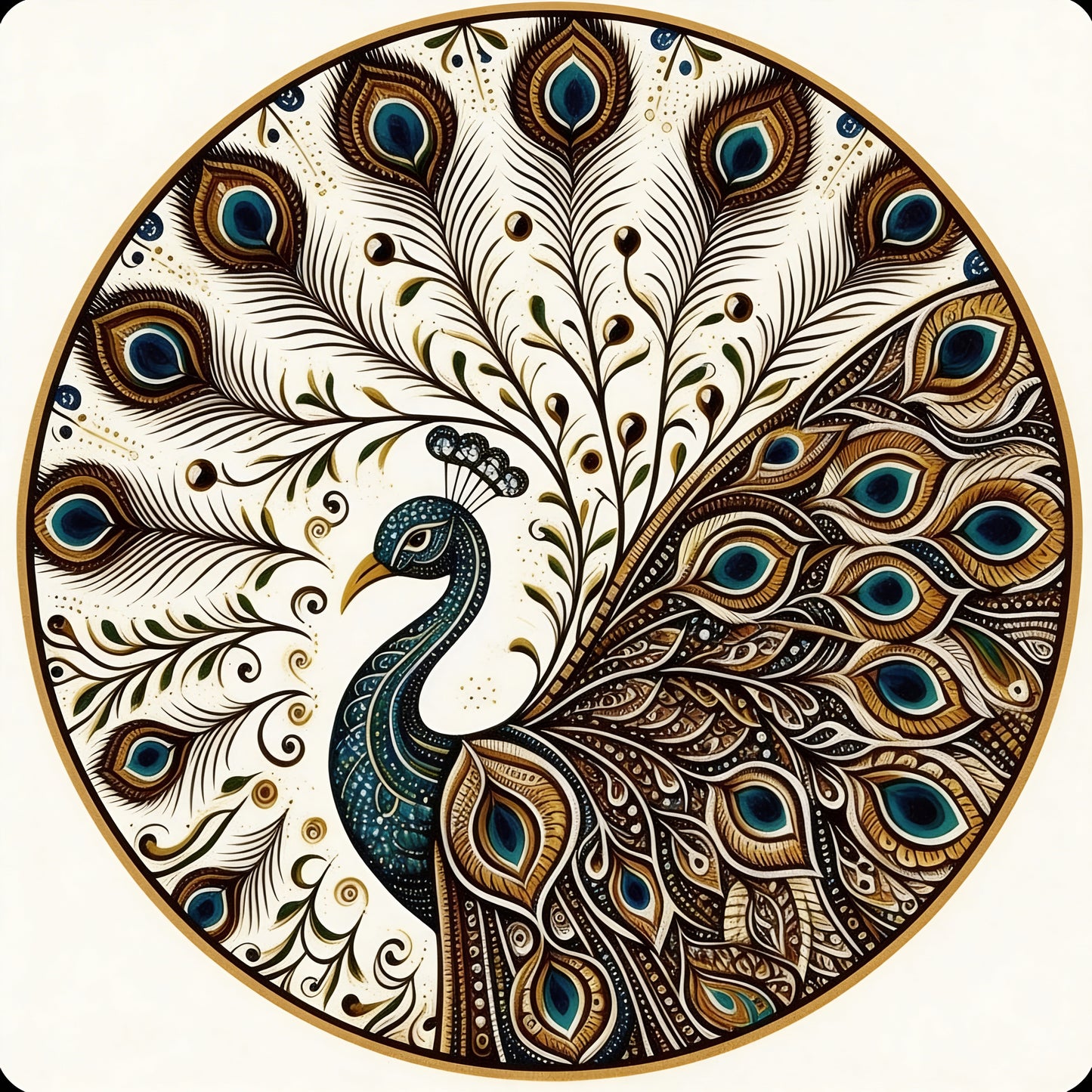 Ornate round Peacock Mandala -Luxurious | 3D Textured Wall Art | UV Printed Embossed Canvas Wall Frame for living room,home decor