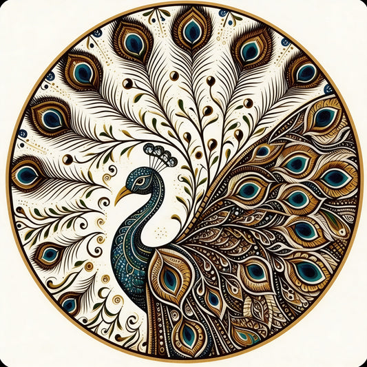 Ornate round Peacock Mandala -Luxurious | 3D Textured Wall Art | UV Printed Embossed Canvas Wall Frame for living room,home decor