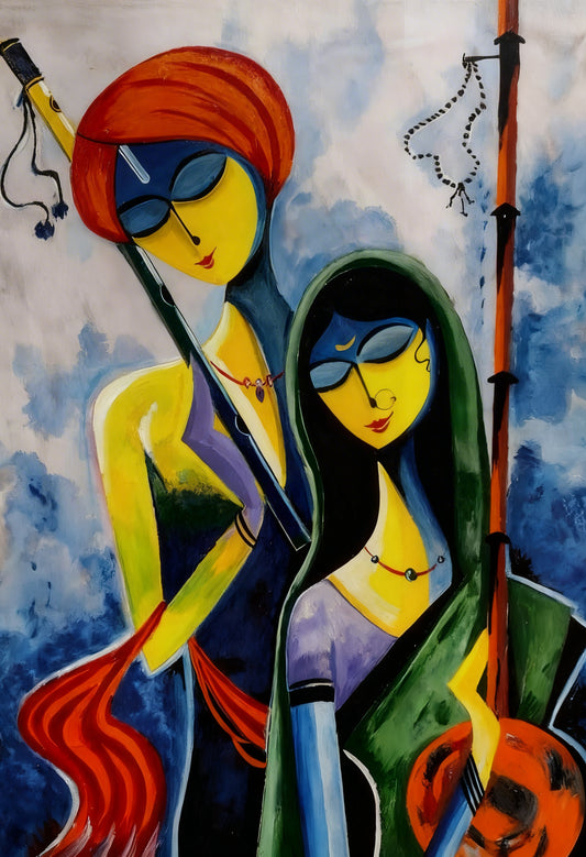 Radha Krishna with Flute-Luxurious-Spiritual & Mindful 3D Textured Wall Art | UV Printed Embossed Canvas Wall Frame for Prayer room ,Meditation Space