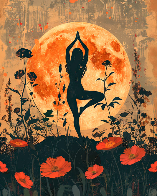 yoga silhouette against a large orange moon surrounded by stylized floral elements-Luxurious-Serenity & Wellness-3D Textured Wall Art | UV Embossed Canvas Wall Frame for Meditation Space
