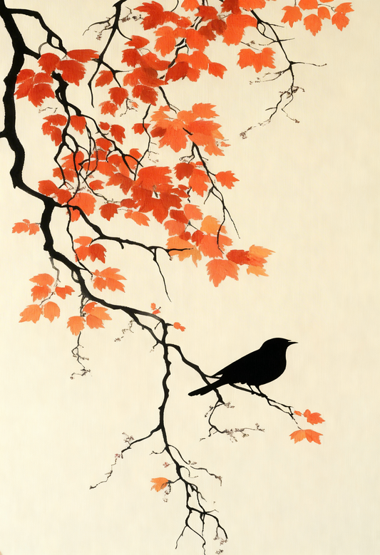 The Crow and the Autumn Maple-Luxury-Floral & Botanical-3D Textured Wall Art | UV Embossed Canvas Wall Frame for home decor and living room