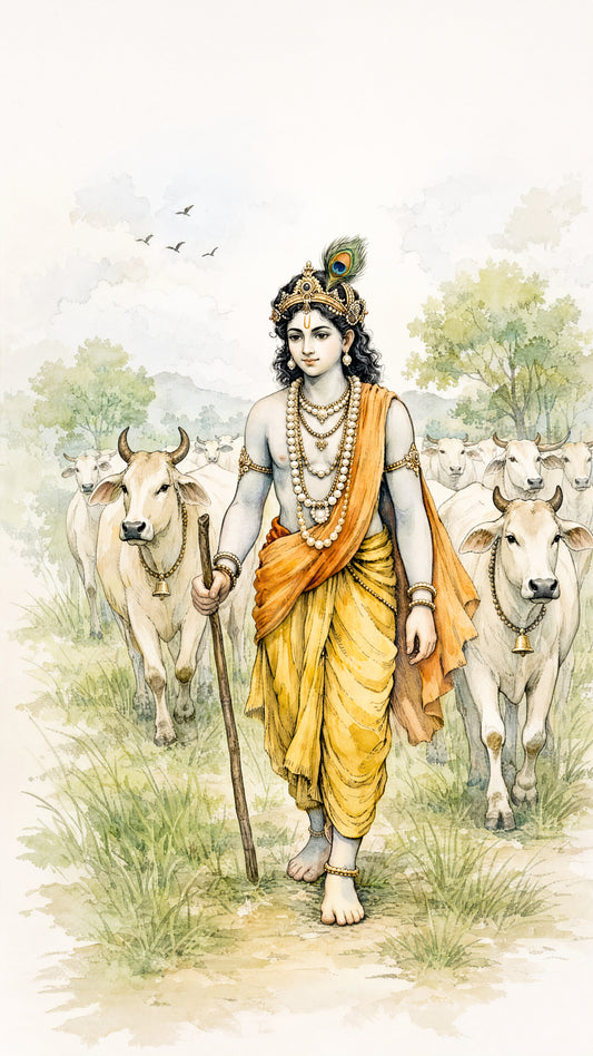 The Hindu deity Lord Krishna herding a group of sacred cows-Luxurious-Spiritul & Mindful-3D Textured Wall Art | UV Embossed Canvas Wall Frame for Home decor