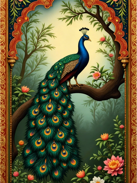 The Royal Jharokha Peacock-Luxurious | 3D Textured Wall Art | UV Printed Embossed Canvas Wall Frame for living room,home decor