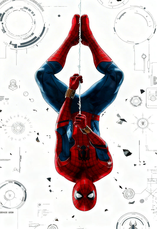 This stylized artwork featuring an upside-down Spider-Man-Luxury-Kids & Whimsical-3D Textured Wall Art | UV Embossed Canvas Wall Frame for Kids room