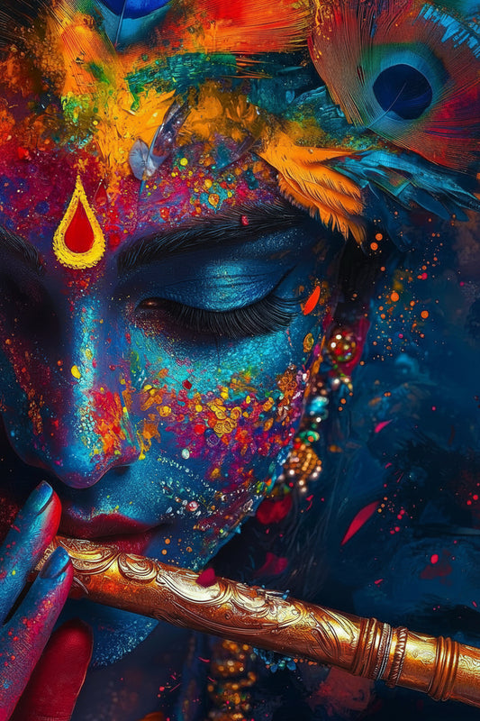 This vibrant, digital-style portrait of Lord Krishna -Luxurious-Spiritual & Mindful 3D Textured Wall Art | UV Printed Embossed Canvas Wall Frame for Prayer room ,Meditation Space