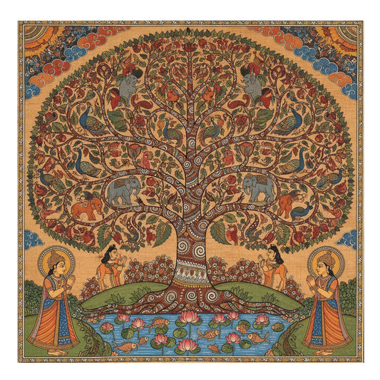 Traditional art like pichwai and kalamkari inspired tree of life-Luxurious-Indian Culture & Folk Art 3D Textured Wall Art | UV Printed Embossed Canvas Wall Frame for Home Decor,living Room