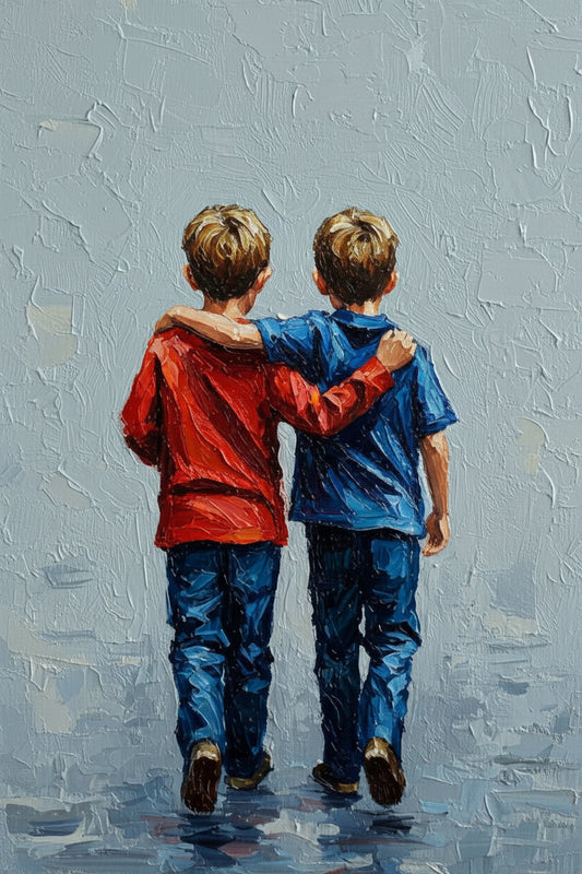 Two Young Boys Holding Hands Walking-Luxury-Kids & Whimsical-3D Textured Wall Art | UV Embossed Canvas Wall Frame for Kids room