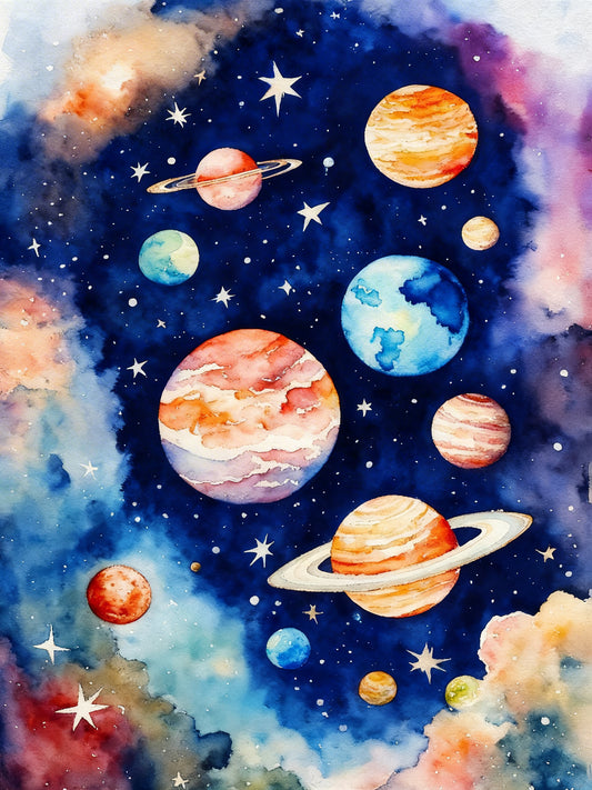Watercolor Planets and Stars-Luxury-Cosmic & Fantasy-3D Textured Wall Art | UV Embossed Canvas Wall Frame for Kids room and hotel