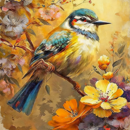 bird on a Flowering Branch-Luxurious-Wildlife & Animals-3D Textured Wall Art | UV Embossed Canvas Wall Frame for Home decor