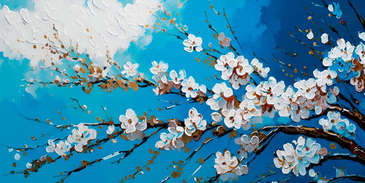 Cherry-sakura-blossom-White-Flower-Premium-Floral & Botanical-3D Textured Wall Art | UV Embossed Canvas Wall Frame for home decor and bed room