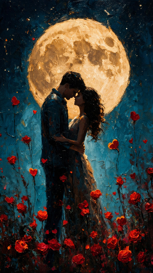 couple_embrace_full_moon_red_roses-Luxurious-Love & Togetherness -3D Textured Wall Art | UV Embossed Canvas Wall Frame for Home decor