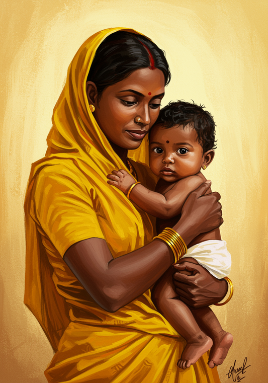 a-mother-holding-her-baby-Luxurious-Indian Culture & Folk Art 3D Textured Wall Art | UV Printed Embossed Canvas Wall Frame for Home Decor,living Room