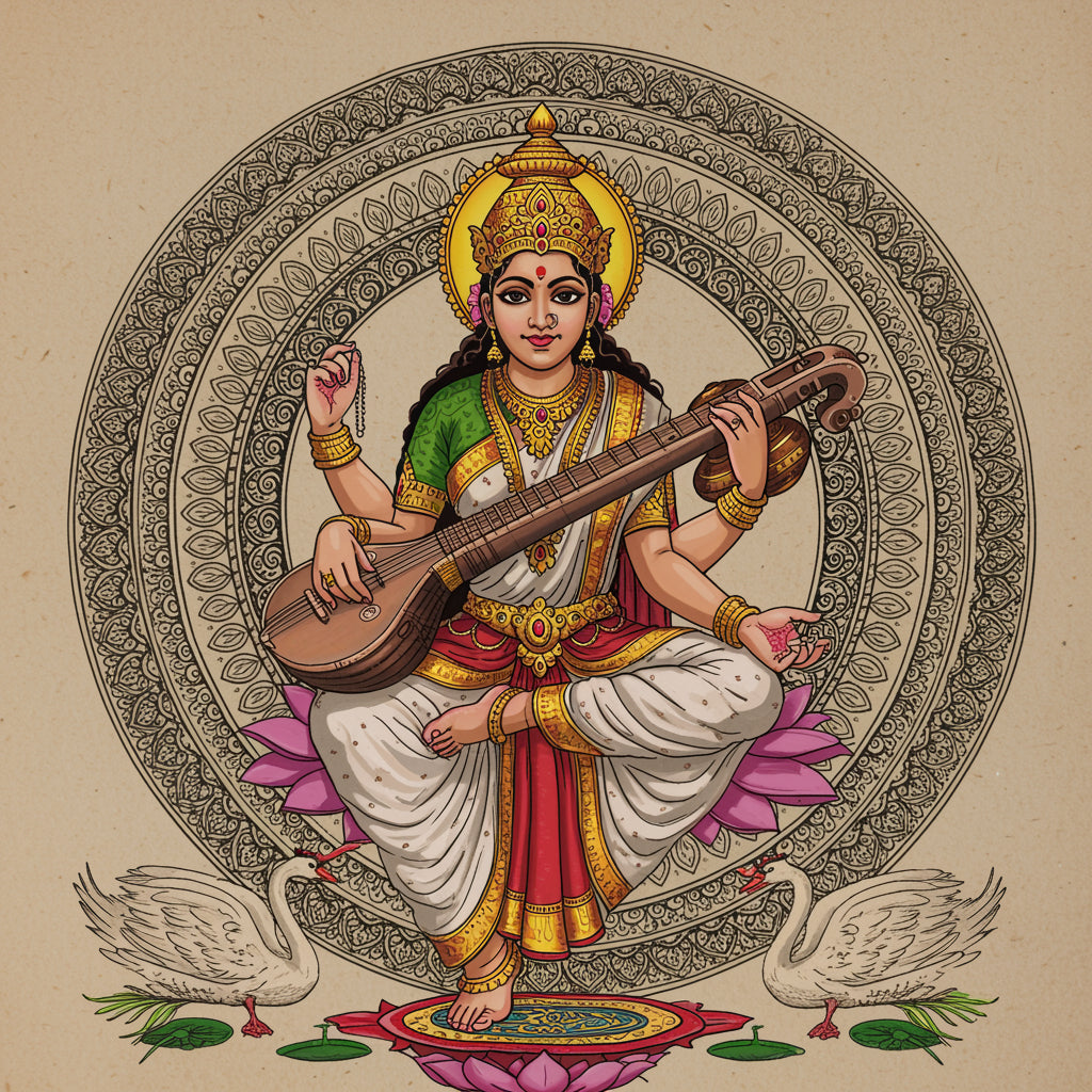 goddess-saraswati-seated-Luxurious | 3D Textured Wall Art | UV Printed Embossed Canvas Wall Frame for living room