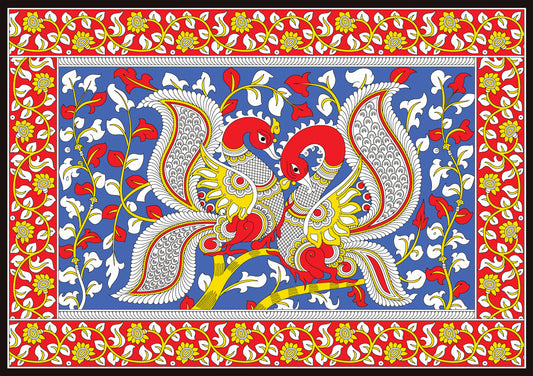 kalamkari-twin-swans-pallu-on-tree-Luxurious-Indian Culture & Folk Art 3D Textured Wall Art | UV Printed Embossed Canvas Wall Frame for Home Decor,living Room