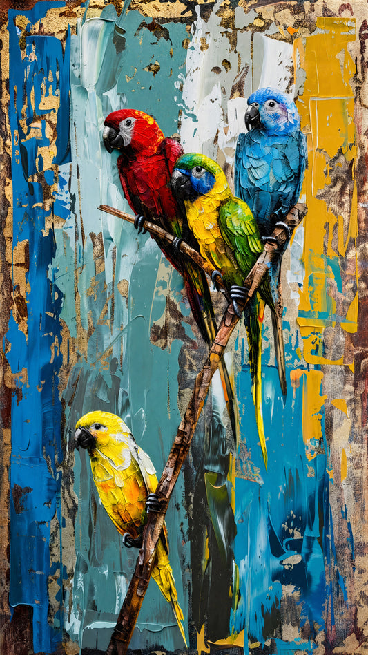 Parrots on a Branch-Luxurious-Wildlife & Animals 3D Textured Wall Art | UV Printed Embossed Canvas Wall Frame for Home Decor,living Room