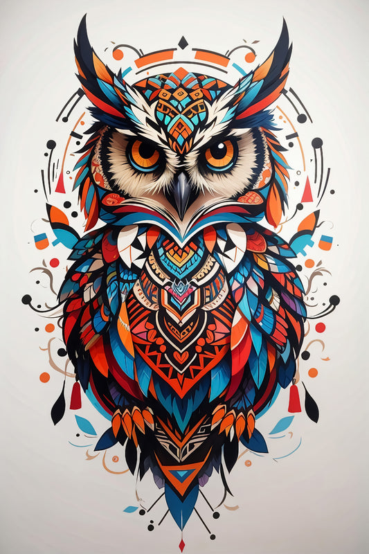 minimalist-aesthetic-tribal-owl-tattoo-with-mandala-Luxurious-Wildlife & Animals-3D Textured Wall Art | UV Embossed Canvas Wall Frame for Home decor