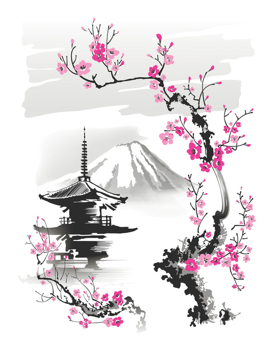 pagoda-sakura-branch-on-background-mountain--Luxurious-Nature and landscape | 3D Textured Wall Art | UV Printed Embossed Canvas Wall Frame for Home Decor,Living Room