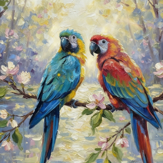 parrot on a Flowering Branch-Luxurious-Wildlife & Animals-3D Textured Wall Art | UV Embossed Canvas Wall Frame for Home decor