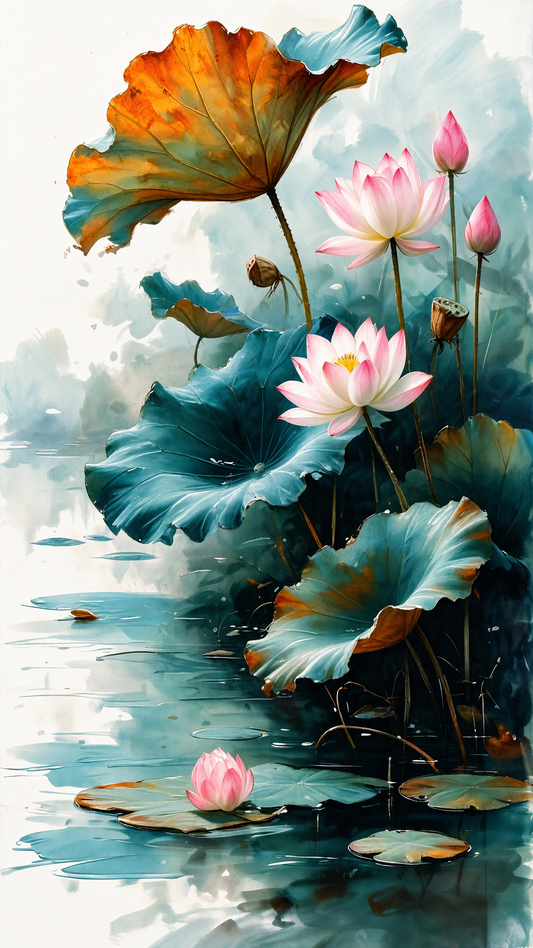 pink_lotus_blossoms_teal_leaves Luxurious-Floral & Botanical -3D Textured Wall Art | UV Embossed Canvas Wall Frame for Home decor