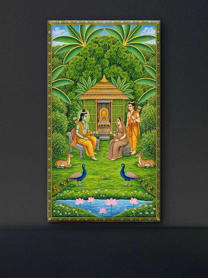 A traditional Pichwai painting depicting Lord Rama, Sita, and Lakshmana in a serene forest setting-Luxurious-Indian Culture &  Folk Art-3D Textured Wall Art | UV Embossed Canvas Wall Frame for Home decor