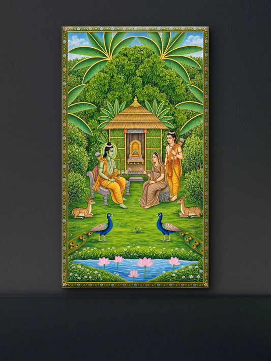A traditional Pichwai painting depicting Lord Rama, Sita, and Lakshmana in a serene forest setting-Luxurious-Indian Culture &  Folk Art-3D Textured Wall Art | UV Embossed Canvas Wall Frame for Home decor