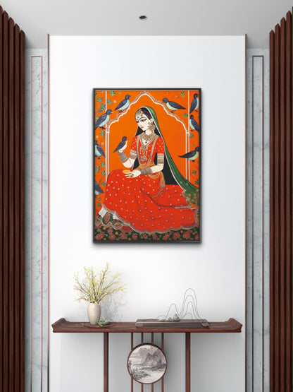 traditional-indian-miniature-of-a-seated-woman-Luxurious-Indian Culture &  Folk Art 3D Textured Wall Art | UV Printed Embossed Canvas Wall Frame for Home Decor,living Room