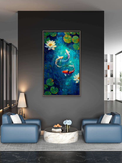 Serenity in Motion: The Koi Pond-Luxurious-Wildlife & Animals 3D Textured Wall Art | UV Printed Embossed Canvas Wall Frame for Home Decor,living Room