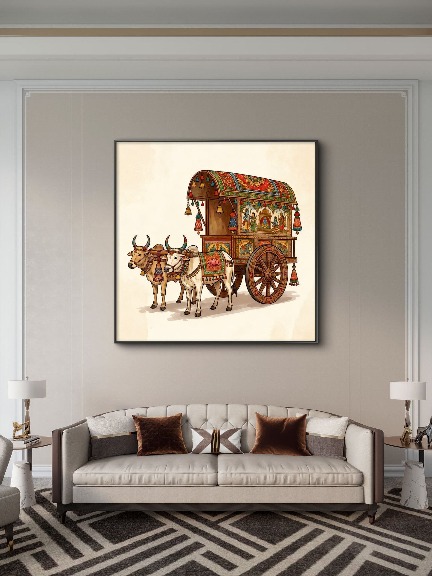 Ornate Indian Bullock Cart-Luxurious-Indian Culture &  Folk Art 3D Textured Wall Art | UV Printed Embossed Canvas Wall Frame for Home Decor,living Room