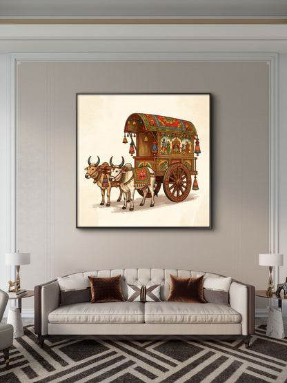 Ornate Indian Bullock Cart-Luxurious-Indian Culture &  Folk Art 3D Textured Wall Art | UV Printed Embossed Canvas Wall Frame for Home Decor,living Room