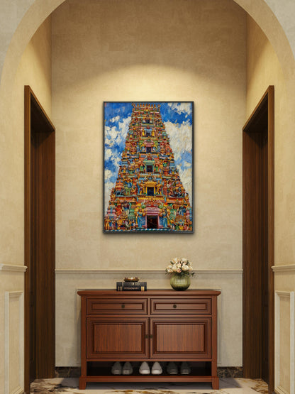 South Indian Temple-Luxurious-Indian Culture &  Folk Art 3D Textured Wall Art | UV Printed Embossed Canvas Wall Frame for Home Decor,living Room