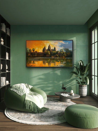 The Golden Hour at Angkor Wat-Luxurious-Spiritual & Mindful 3D Textured Wall Art | UV Printed Embossed Canvas Wall Frame for Prayer room ,Meditation Space