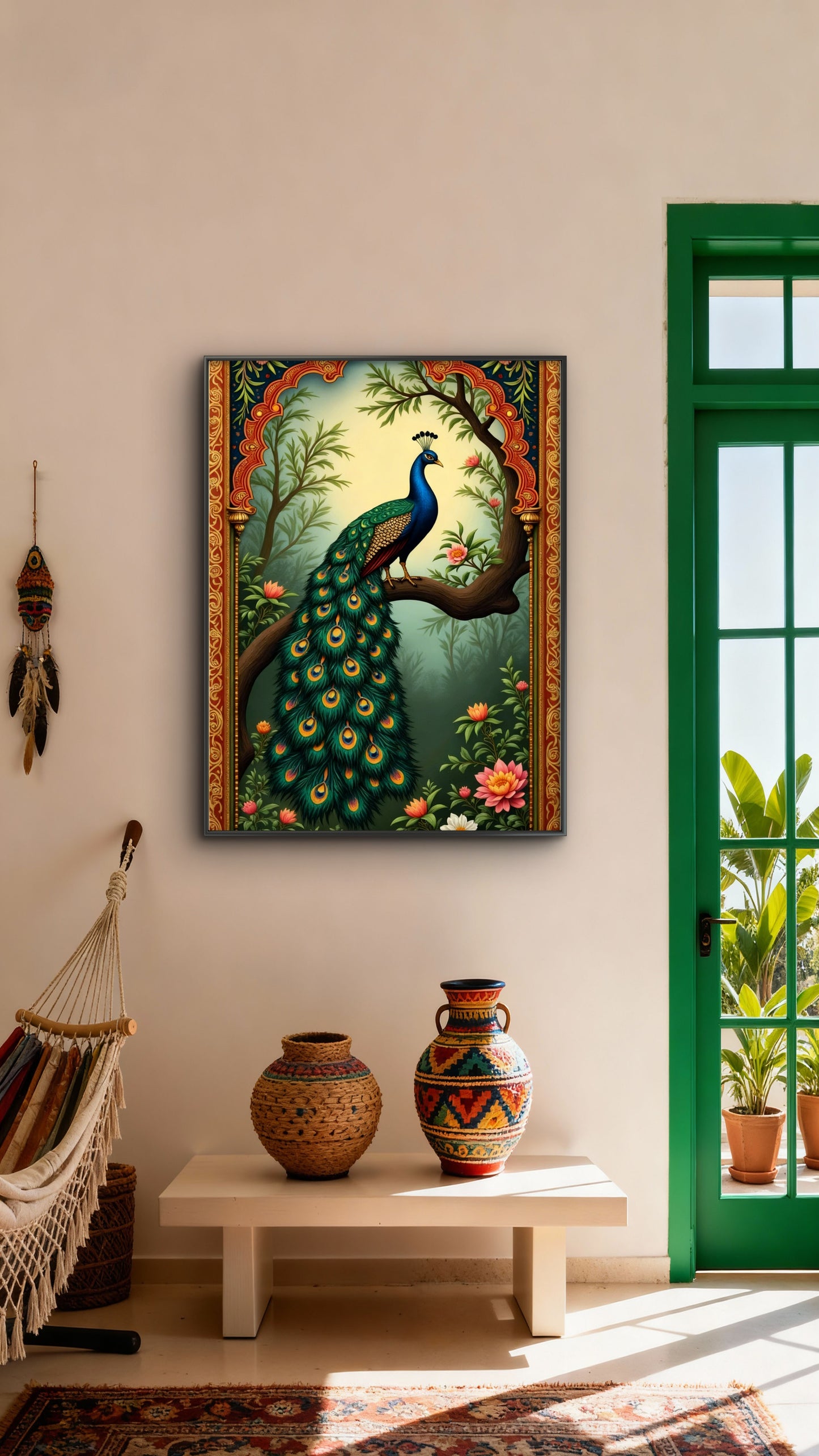 The Royal Jharokha Peacock-Luxurious | 3D Textured Wall Art | UV Printed Embossed Canvas Wall Frame for living room,home decor
