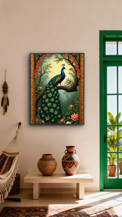 The Royal Jharokha Peacock-Luxurious | 3D Textured Wall Art | UV Printed Embossed Canvas Wall Frame for living room,home decor