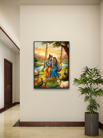 The Celestial Union of Radha Krishna-Luxurious | 3D Textured Wall Art | UV Printed Embossed Canvas Wall Frame for living room,home decor