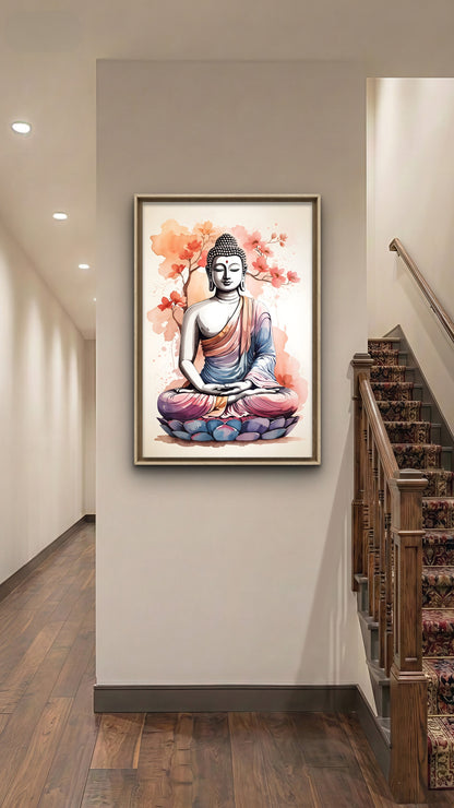The Peaceful Aura of Buddha and Floral Beauty-Luxurious-Serenity & Wellness-3D Textured Wall Art | UV Printed Embossed Canvas Wall Frame for Home Decor,living Room